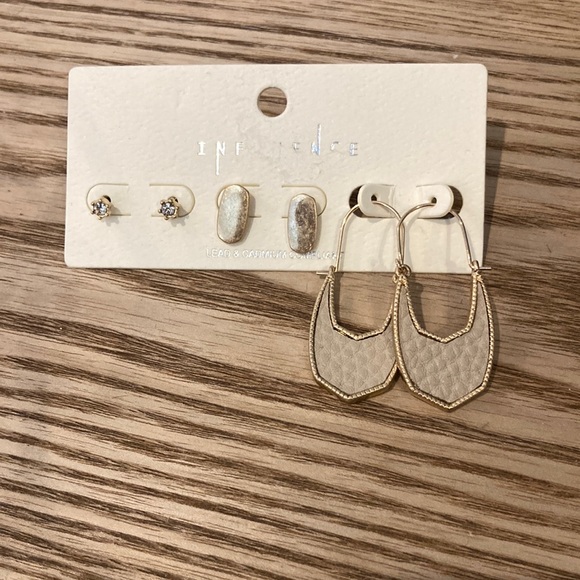 Triple pack, studs gold ovals, leather style hoops - Picture 1 of 2